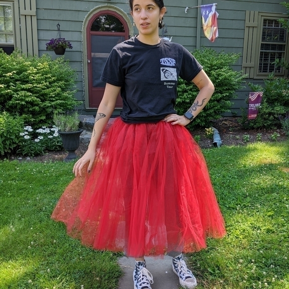 Vintage 1950s Red Tulle Split Overskirt Prom Dancing Layer Rockabilly Petticoat - Picture 1 of 13